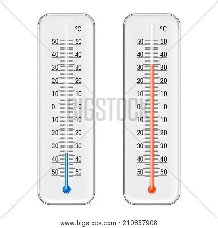 Classic outdoor and indoor celsius alcohol ethanol red  and blue thermometers set for meteorological measurements realistic vector illustration