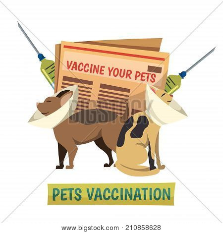 Compulsory pets vaccination orthogonal background composition with cat and dog in protective cone collars and syringes vector illustration