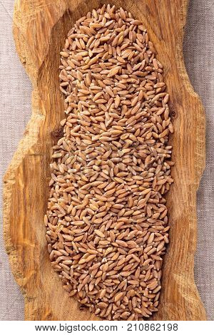 Uncooked organic spelt grain. Healthy food. Top view.