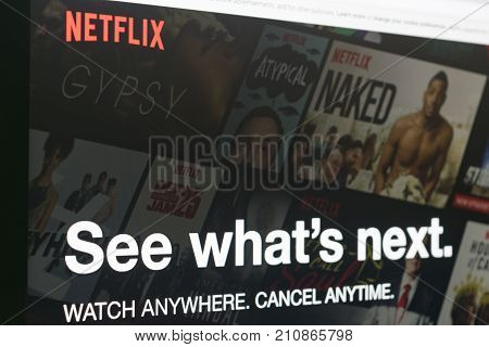 Sankt-Petersburg Russia October 25 2017: Close up Netflix app icon on Laptop screen. Netflix is an international leading subscription service for watching TV episodes and movies.