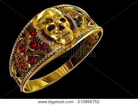 Jewelry gold skull ring with diamond and red ruby gems. Antiques fingers ring from pirate treasure or hoard may be magic vampire artifact. Luxury bijouterie band for biker. 3D rendering.
