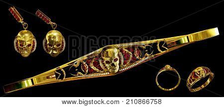 Jewelry gold skull set with diamond, red ruby gems. Antiques golden with ring, bracelet, earrings from pirate treasure or hoard magic vampire artifact. Luxury bijouterie band for biker. 3D rendering