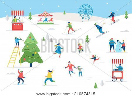 Winter sport scene, Christmas street event, festival and fair, with people, families make fun
