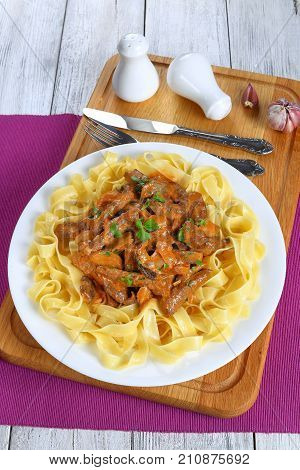 Pasta With Beef Stroganoff On Plate
