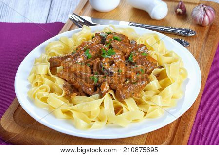 Pasta With Beef Stroganoff On Plate
