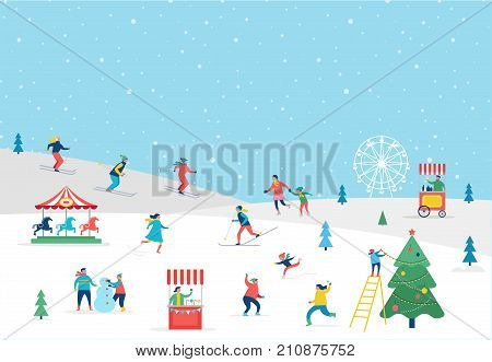 Winter sport scene, Christmas street event, festival and fair, with people, families make fun