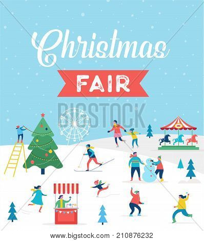 Winter sport scene, Christmas street event, festival and fair, with people, families make fun