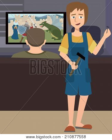 illustration of sad wife and husband addicted to video games - funny vector cartoon illustration