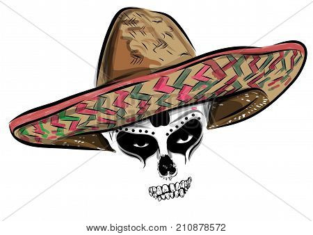 Mexican skull vector with sombrero with background