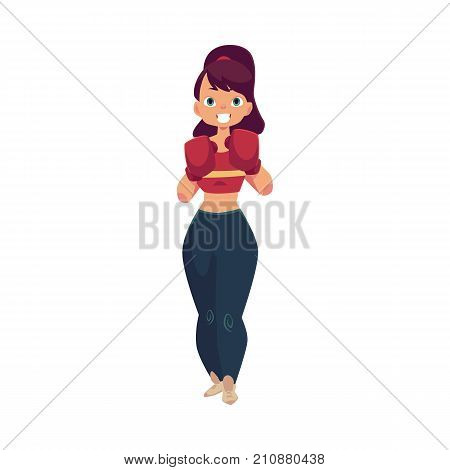 vector cartoon muscular strong cute beautiful woman, girl in boxing stand with red box gloves smiling. Isolated illustration on a white background.