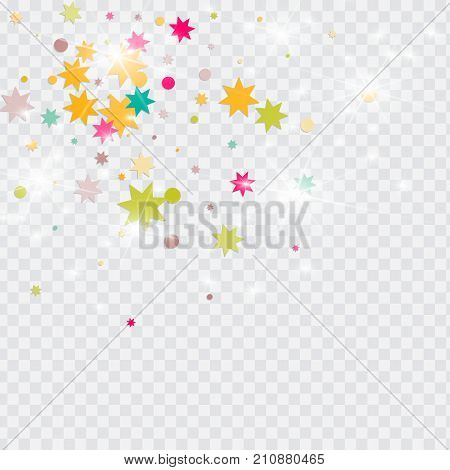 Vector multicolored confetti on transparent background. Falling tinsel and confetti from minimalistic geometrical triangles and ribbons. Flat glitter. Abstract festive decoration and ribbons.
