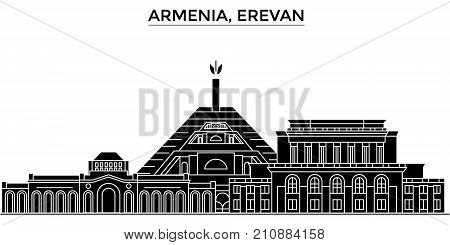 Armenia, Erevan architecture vector city skyline, black cityscape with landmarks, isolated sights on background