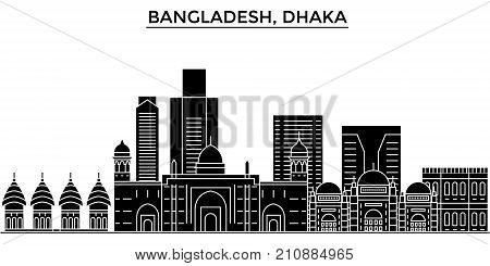 Bangladesh, Dhaka architecture vector city skyline, black cityscape with landmarks, isolated sights on background