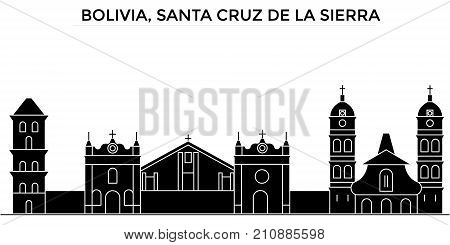 Bolivia, Santa Cruz De La Sierra architecture vector city skyline, black cityscape with landmarks, isolated sights on background