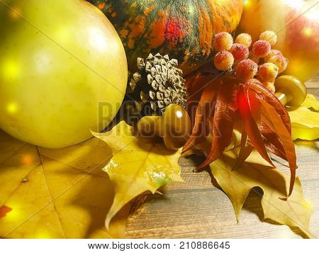 wooden background leaves apples pumpkin composition autumn November, mushroom, bumpkin