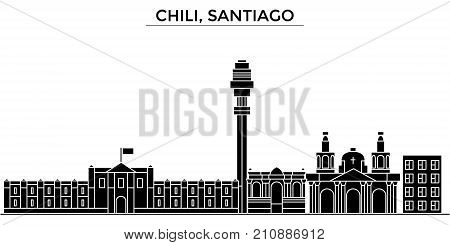 Chili, Santiago architecture vector city skyline, black cityscape with landmarks, isolated sights on background