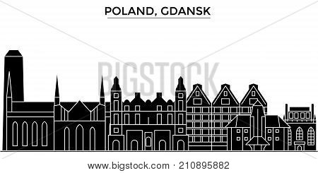 Poland, Gdansk architecture vector city skyline, black cityscape with landmarks, isolated sights on background