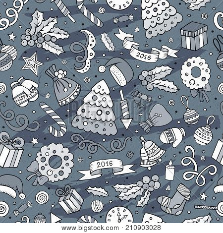 Cartoon Cute Hand Drawn Xmass Seamless Pattern. Line Art With Lots Of Objects Background. Endless Fu