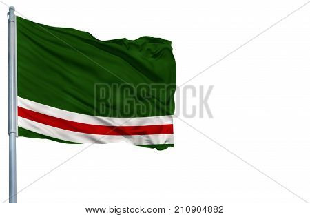 National flag of Chechen Republic of Ichkeria on a flagpole, isolated on white background.