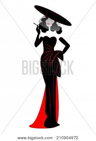 Beautiful retro fashion woman in hat with veil styling and evening dress 1940s , vector