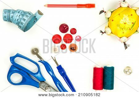High angle view of a collection of sewing items