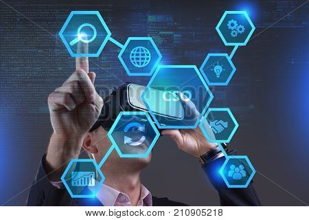 Business, Technology, Internet And Network Concept. Young Businessman Working On A Virtual Screen Of