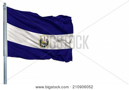 National flag of El Salvador on a flagpole, isolated on white background.