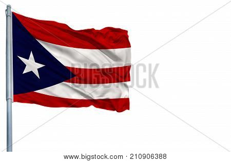 National flag of Puerto Rico on a flagpole, isolated on white background.