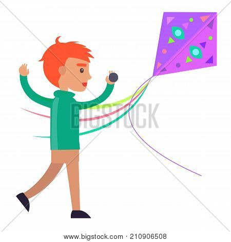 Redhead boy in green sweater and beige trousers runs and plays with colorful kite isolated vector illustration on white background.