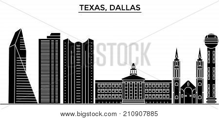 Usa, Texas Dallas architecture vector city skyline, black cityscape with landmarks, isolated sights on background