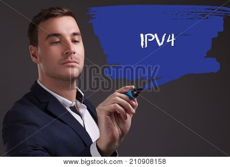 The Concept Of Business, Technology, The Internet And The Network. Young Businessman Showing Inscrip