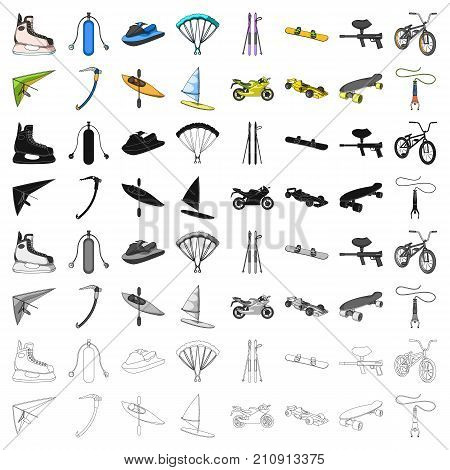 Motorcycle racing, downhill skiing, jumping, parachuting and other sports. Extreme sports set collection icons in cartoon style vector symbol stock illustration .
