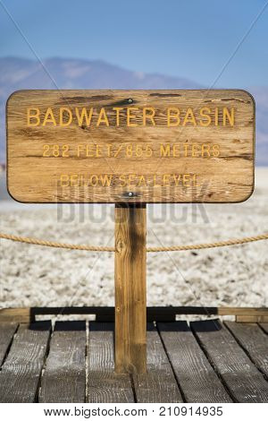 Badwater Basin Sign in Death Valley National Park California USA.