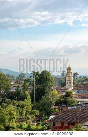 Vertical view of Salento Colombia with the church visible in the background