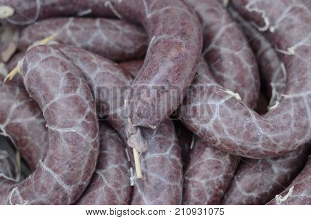 Group of fresh made bloody sousages, Czech republic