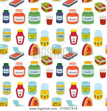 Collection of various tins canned goods food metal container grocery store and product storage seamless pattern aluminum flat label conserve vector illustration. Meal steel cylinder nutrition.