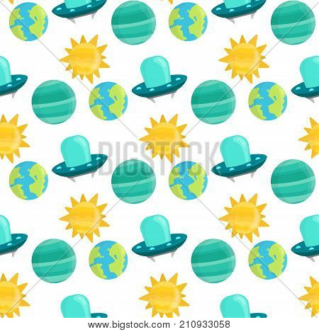 Space landing different planets spaceship seamless pattern background future exploration space ship rocket shuttle vector illustration. Galaxy atmosphere system fantasy nature spacecraft.
