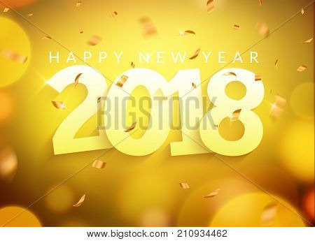2018 new year greeting card confetti gold number. Holiday christmas decoration 2018. New year banner card design with confetti.