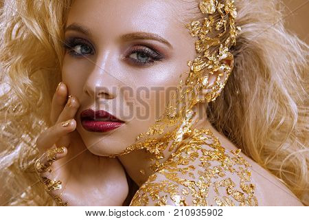 Beauty Woman ,  Blond  Hair , Professional Make-up , Gold Color.