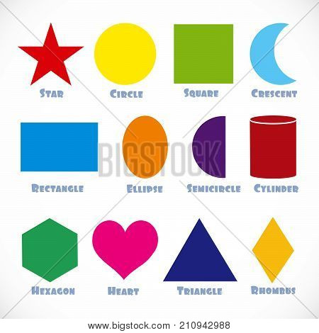 Vector shape signs for the smallest. Rectangle HexagonStar Rhombus Triangle Heart Circle Ellipse Semicircle Cylinder Square Crescent
