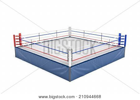 3d rendering of an empty boxing ring in side view to its corner isolated on white background. Professional boxing. Sports and recreation. Fighting competition.