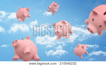 3d rendering of a many pink piggy banks flying freely on the blue cloudy sky background. Wishes for wealth. Saving up money. Money management strategy.