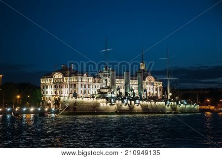 Linear cruiser Aurora or Avrora at night, Russia, St. Petersburg