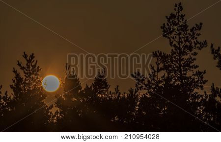 Sunset near Dominova skalka in Slavkovsky Les mountains in autumn evening