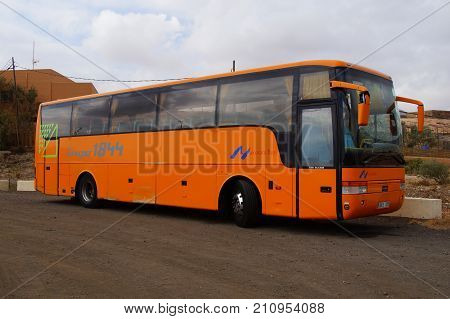 Pajara, Fuerteventura, Canary Islands, Spain - October 22, 2017: Grupo 1844, Maxorata Bus, touringcar parked y the side of the road.