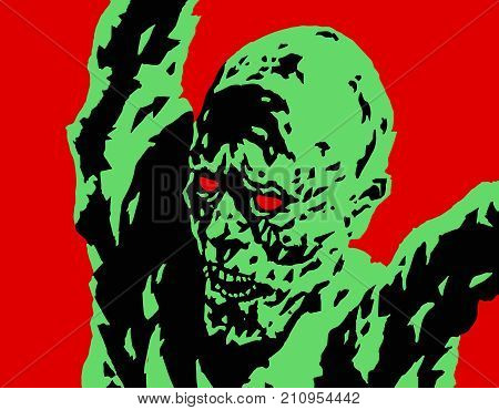 Green angry zombie attacks. Vector illustration. Genre of horror. Scary character for Halloween.