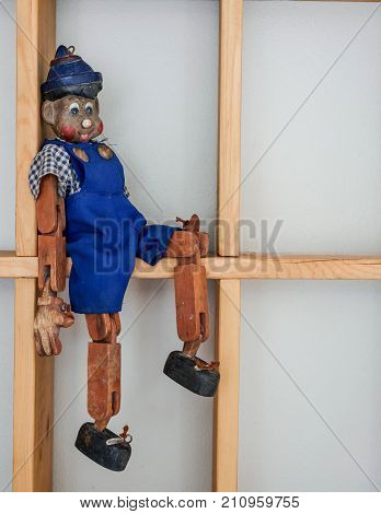 Pinocchio puppet made from wood.
