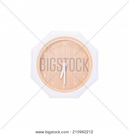 Closeup brown wall clock for decorate show a half past six or 6:30 a.m. isolated on white background with clipping path