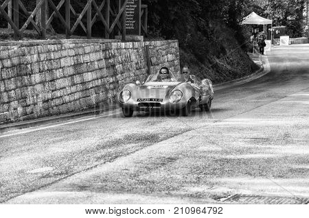 GOLA DEL FURLO, ITALY - MAY 19 - 2017 : LOTUS ELEVEN CLIMAX 1956 on an old racing car in rally Mille Miglia 2017 the famous italian historical race (1927-1957) on May 19 2017