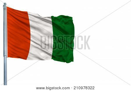 National flag of Cote d,lvoire on a flagpole, isolated on white background.